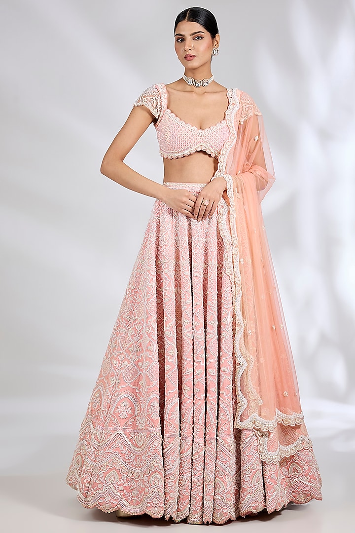 Peachy Pink Pure Raw Silk Hand Embroidered Bridal lehenga for 22 Lehenga Set by Rianta's at Pernia's Pop Up Shop