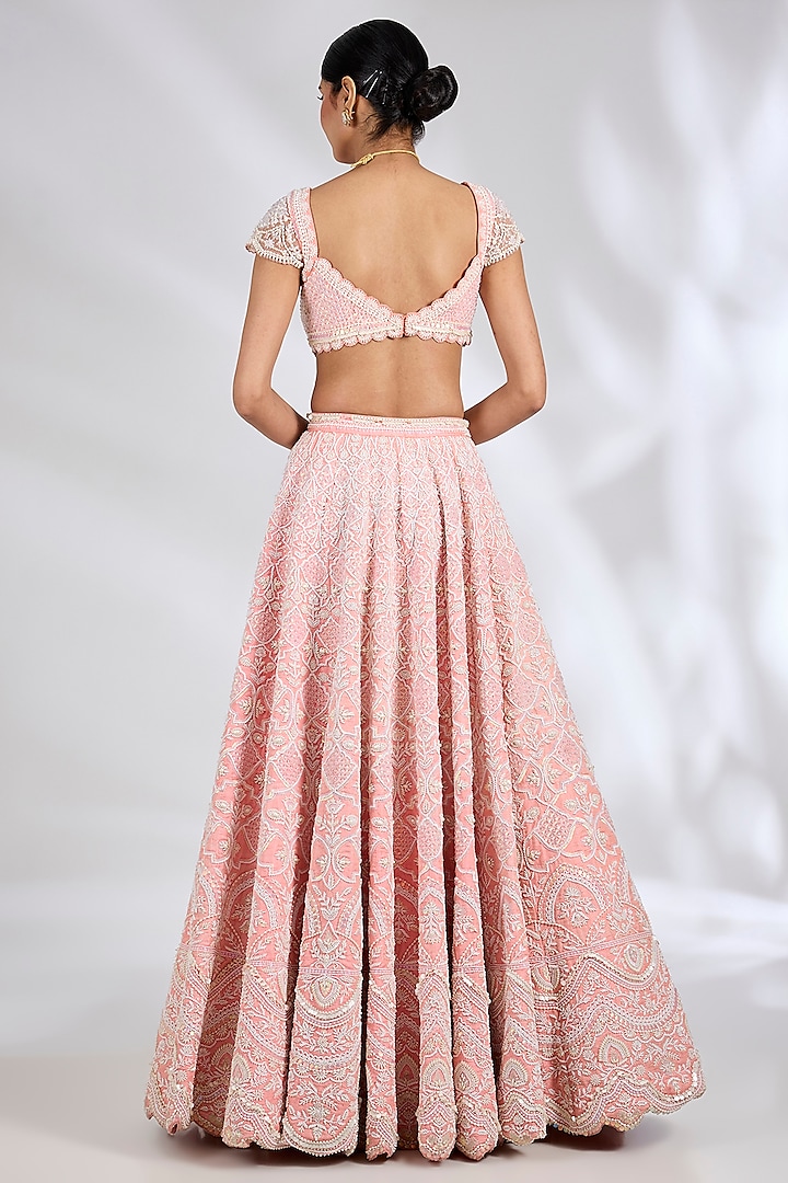Peachy Pink Pure Raw Silk Hand Embroidered Bridal Lehenga Set by Rianta's at Pernia's Pop Up Shop