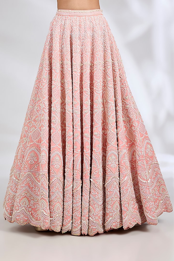Peachy Pink Pure Raw Silk Hand Embroidered Bridal Lehenga Set by Rianta's at Pernia's Pop Up Shop