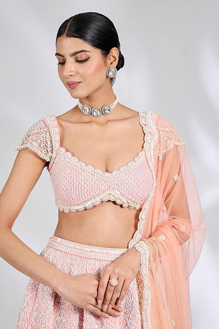 Peachy Pink Pure Raw Silk Hand Embroidered Bridal Lehenga Set by Rianta's at Pernia's Pop Up Shop