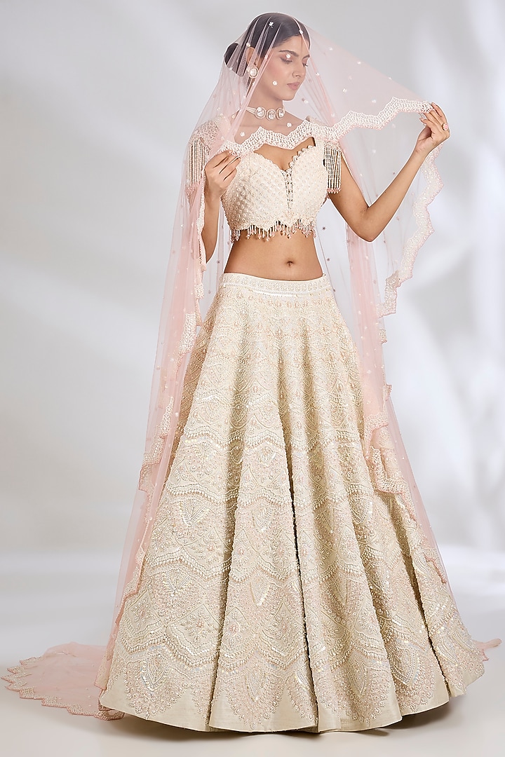 Ecru Pure Raw Silk Hand Embroidered Bridal lehenga for 22 Lehenga Set by Rianta's at Pernia's Pop Up Shop