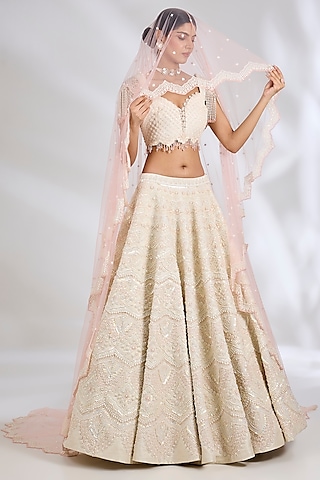 Ecru Pure Raw Silk Hand Embroidered Lehenga Set by Rianta's