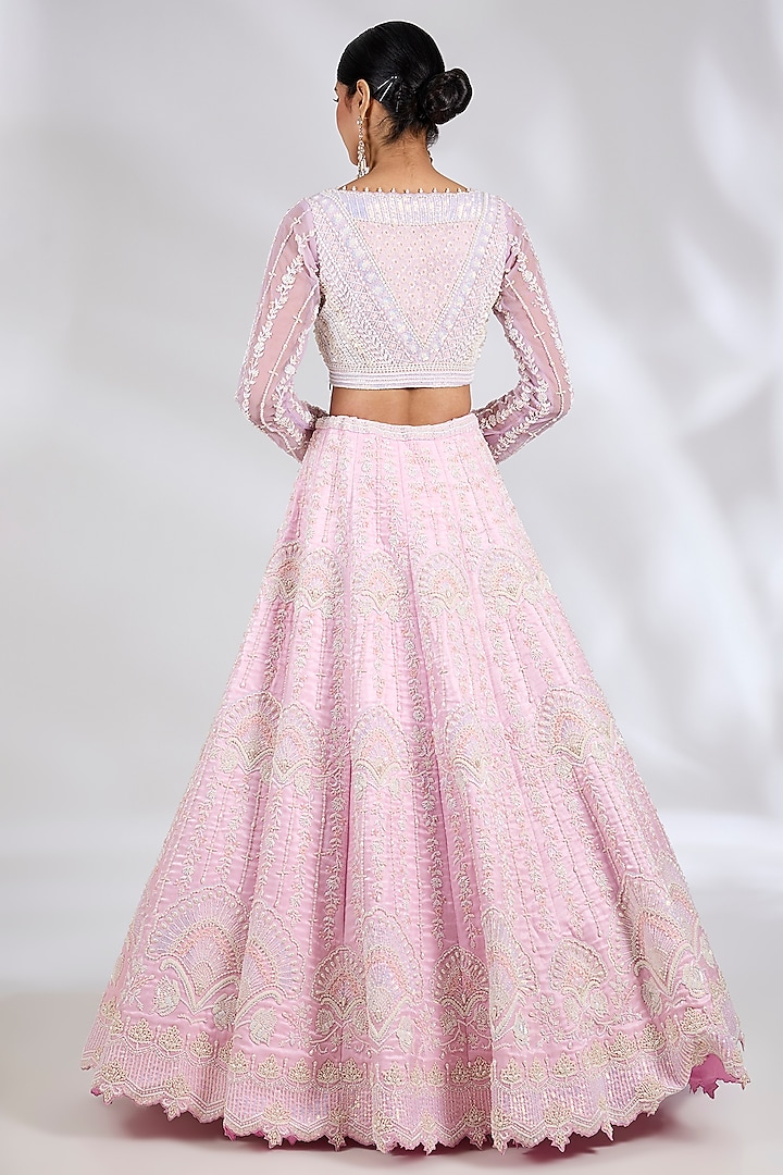 Sugar Pink Metallic Organza Hand Embroidered Bridal Lehenga Set by Rianta's at Pernia's Pop Up Shop