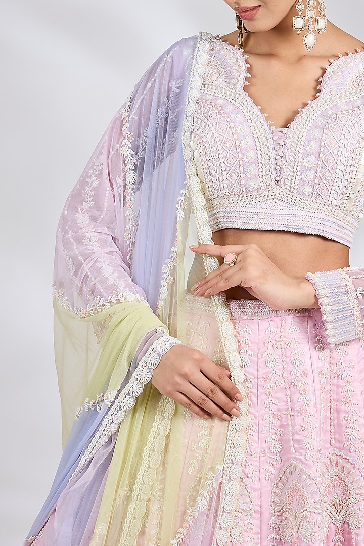 Sugar Pink Metallic Organza Hand Embroidered Bridal Lehenga Set by Rianta's at Pernia's Pop Up Shop