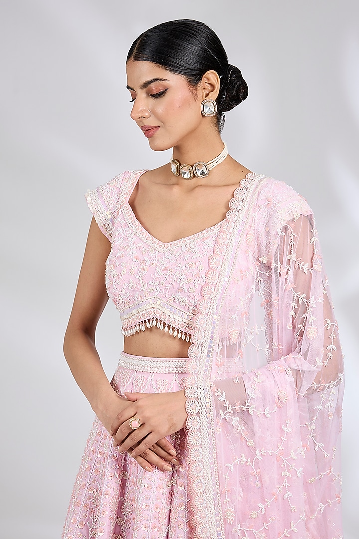 Sugar Pink Raw Silk Hand Embroidered Bridal Lehenga Set by Rianta's at Pernia's Pop Up Shop