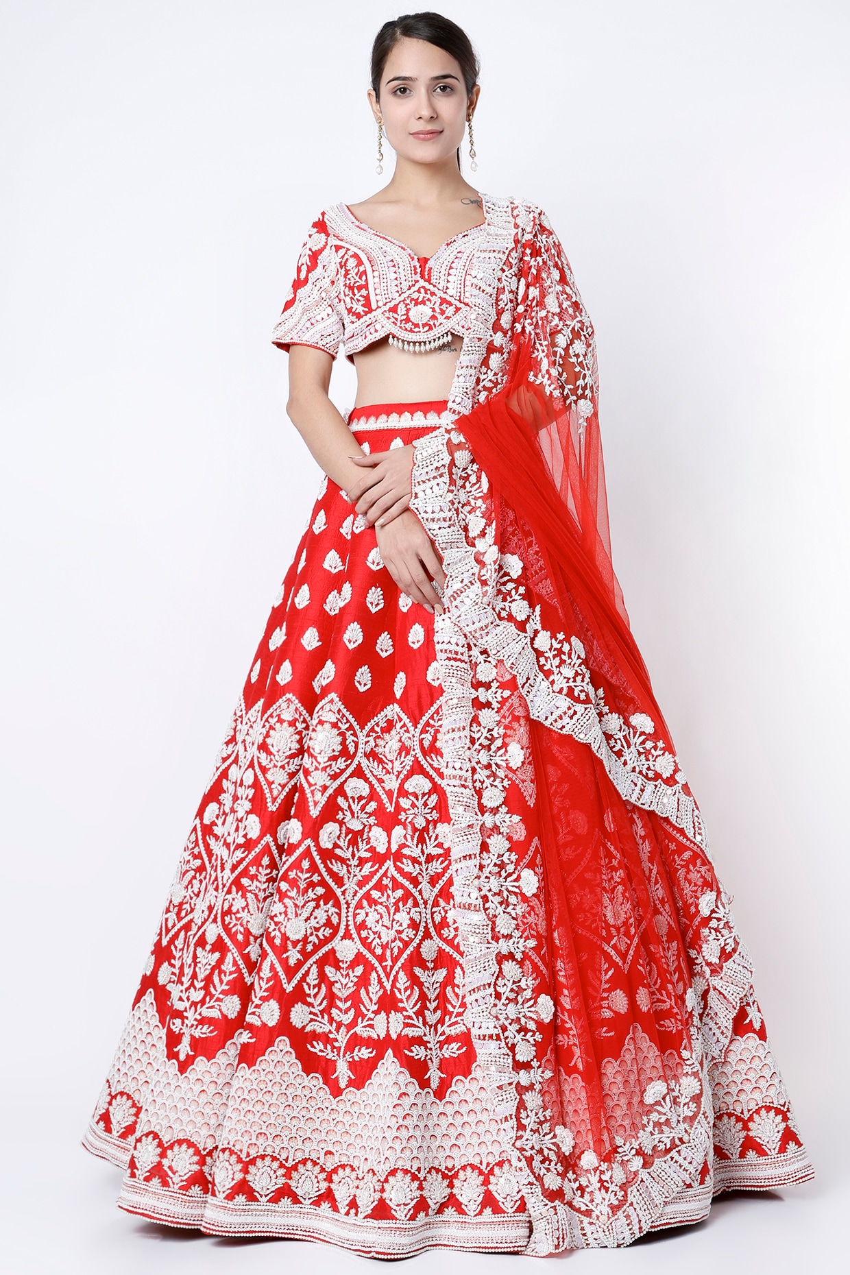 Beautiful Heavy Sequence And Thread Embroidered Red & White Lehenga