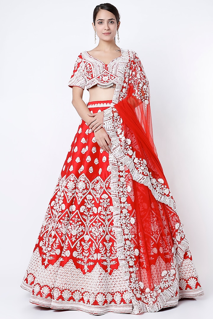 Red Pearl Embroidered Lehenga Set by Rianta's