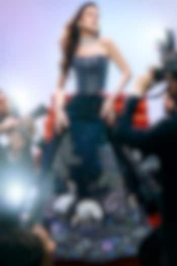 Midnight Blue Fluid Organza Pearl Embellished Bridal Lehenga Set by Rianta's at Pernia's Pop Up Shop