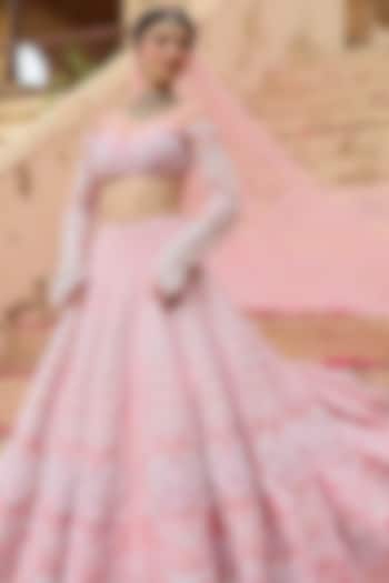 Nude Pink Raw Silk Heart Applique Embroidered Bridal Lehenga Set by Rianta's at Pernia's Pop Up Shop