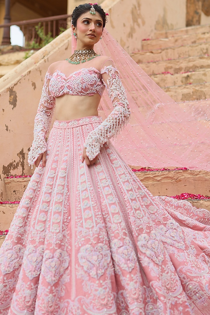 Nude Pink Raw Silk Heart Applique Embroidered Bridal Lehenga Set by Rianta's at Pernia's Pop Up Shop