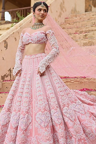 Nude Pink Raw Silk Heart Applique Embroidered Lehenga Set by Rianta's