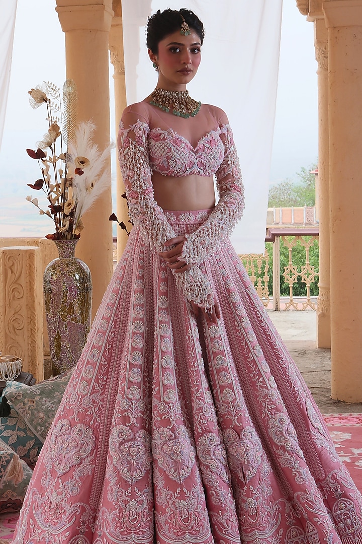 Nude Pink Raw Silk Heart Applique Embroidered Bridal Lehenga Set by Rianta's at Pernia's Pop Up Shop