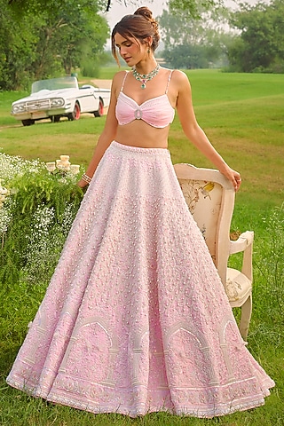 Barbie Pink Fluid Organza Pearl Embellished Lehenga Set by Rianta's