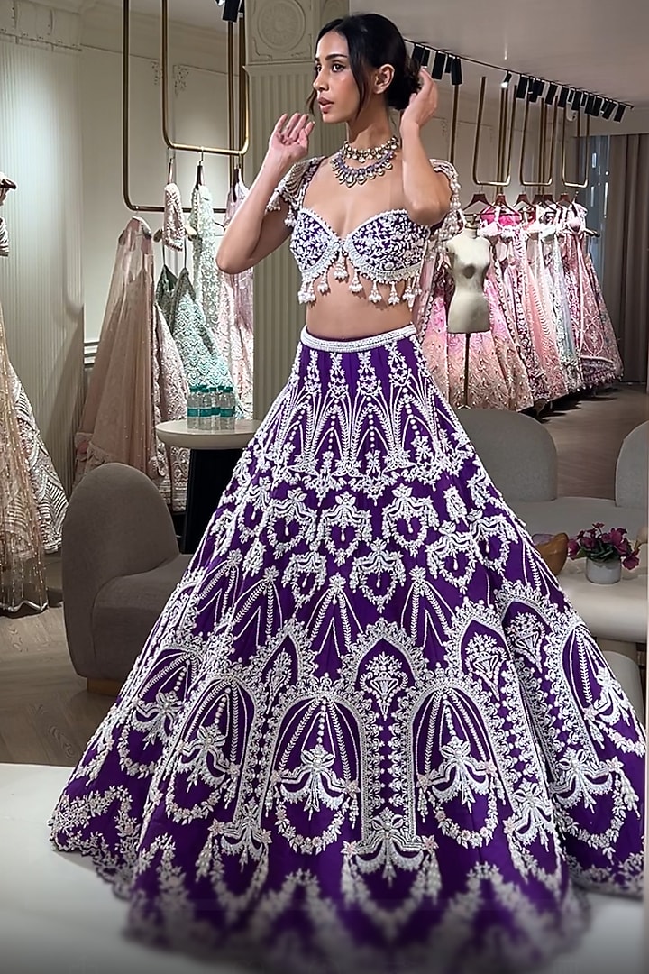 Purple Raw Silk Sequins & Beads Embroidered Bridal Lehenga Set by Rianta's at Pernia's Pop Up Shop