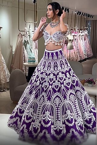 Purple Raw Silk Sequins & Beads Embroidered Lehenga Set by Rianta's