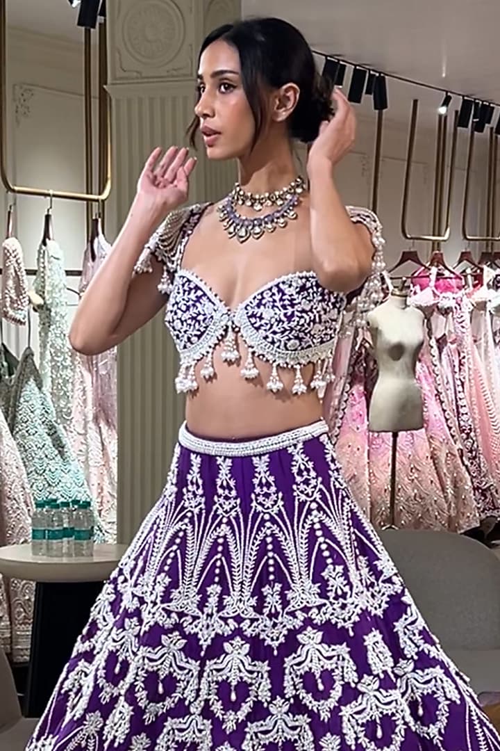 Purple Raw Silk Sequins & Beads Embroidered Bridal Lehenga Set by Rianta's at Pernia's Pop Up Shop