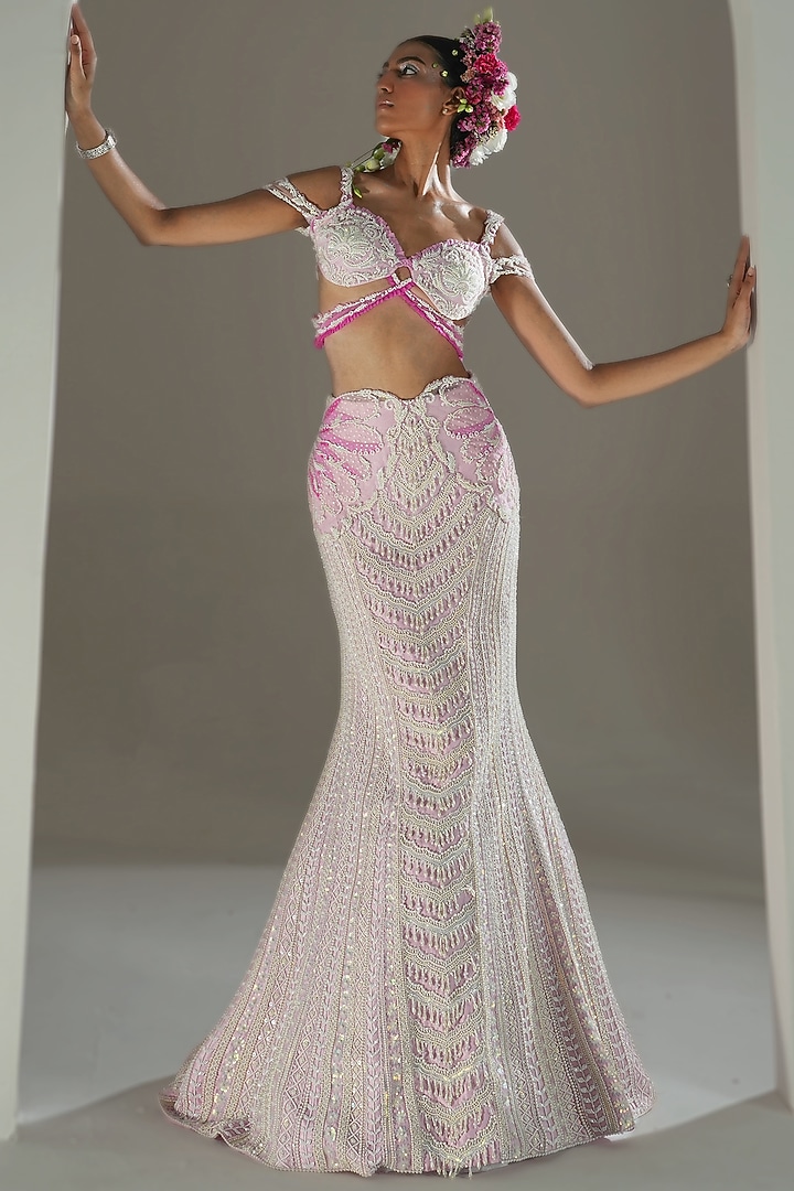 Pink Banarasi Satin Pearl Embroidered Mermaid Wedding Lehenga Set by Rianta's at Pernia's Pop Up Shop