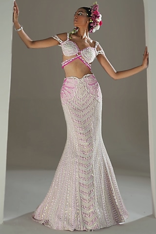Pink Banarasi Satin Pearl Embroidered Mermaid Lehenga Set by Rianta's