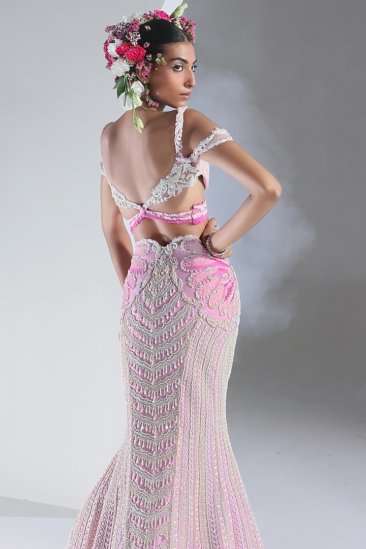 Pink Banarasi Satin Pearl Embroidered Mermaid Wedding Lehenga Set by Rianta's at Pernia's Pop Up Shop