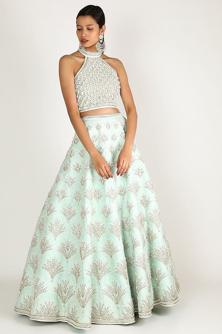 Mint Green Embroidered Lehenga Set by Rianta's