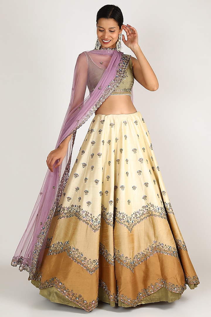 Gold & Purple Ombre Embroidered Lehenga Set by Rianta's