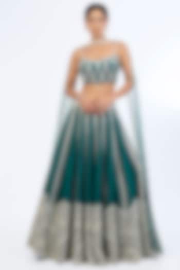 Teal Blue Raw Silk Sequins & Cutdana Embroidered Bridal Lehenga Set by Rianta's at Pernia's Pop Up Shop