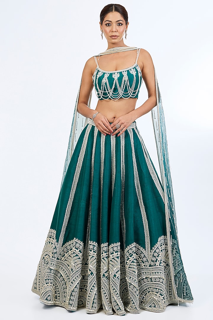 Teal Blue Raw Silk Sequins & Cutdana Embroidered Bridal Lehenga Set by Rianta's at Pernia's Pop Up Shop