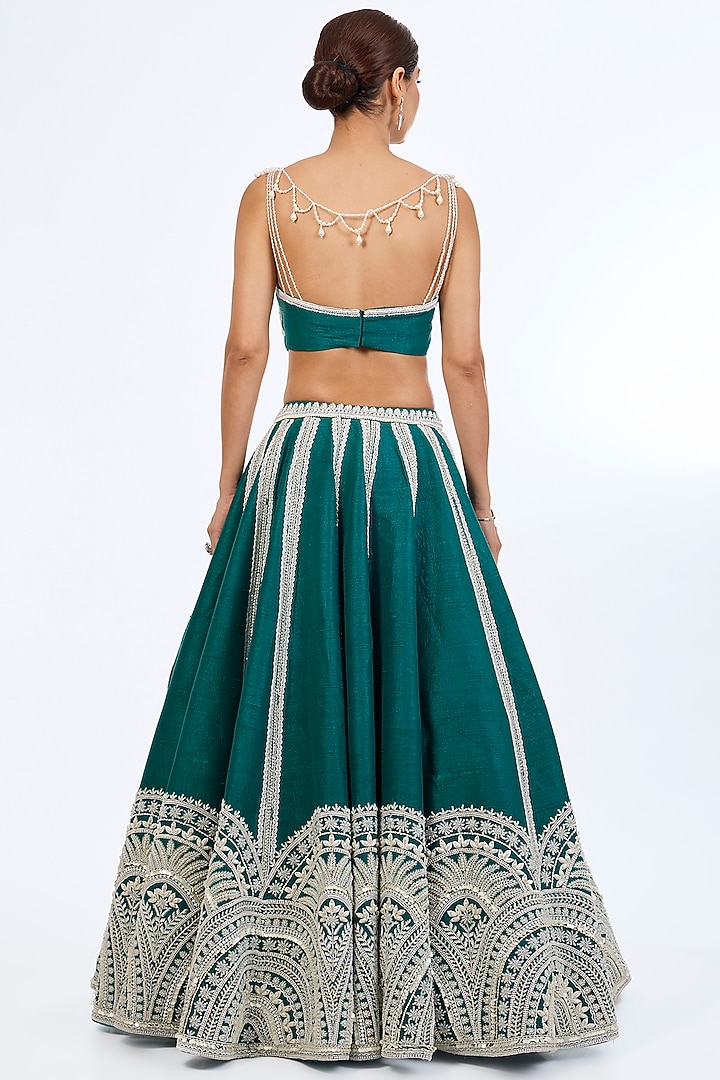 Teal Blue Raw Silk Sequins & Cutdana Embroidered Bridal Lehenga Set by Rianta's at Pernia's Pop Up Shop