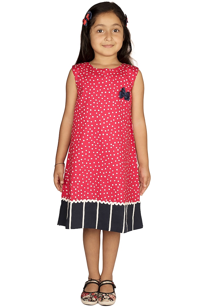 Red Printed Handmade Shift Dress For Girls by Ribbon Candy