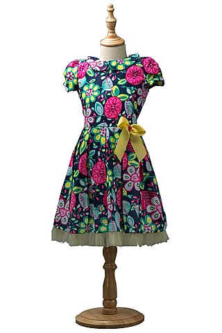 Navy Blue Printed Handmade Box Pleated Dress For Girls by Ribbon Candy