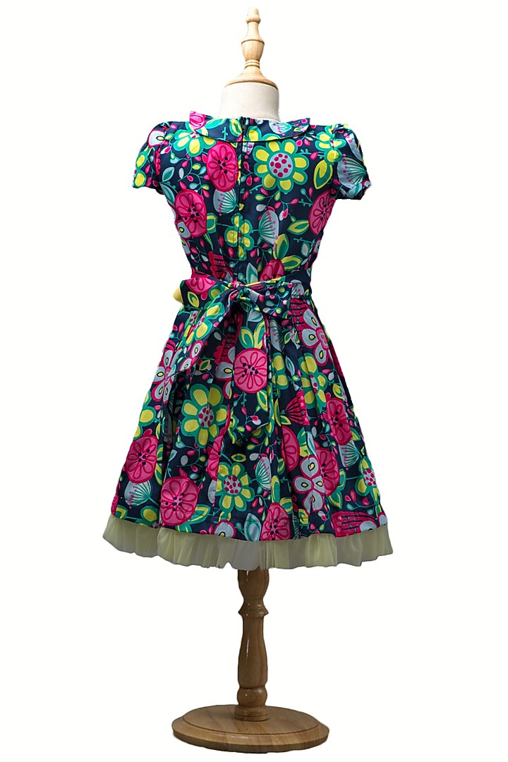 Navy Blue Printed Handmade Box Pleated Dress For Girls by Ribbon Candy at Pernia's Pop Up Shop