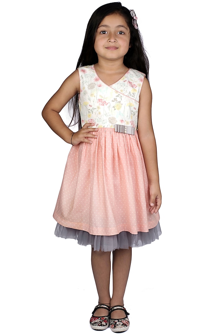 White & Peach Printed Flared Dress For Girls by Ribbon Candy