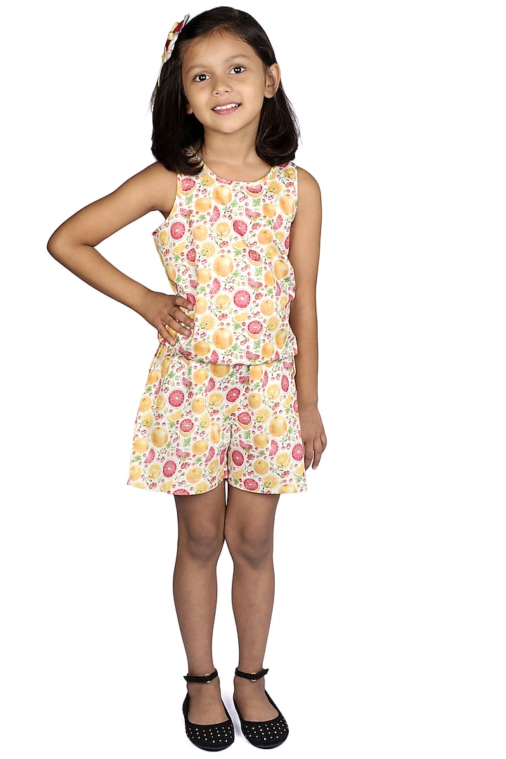 Orange Printed Sleeveless Jumpsuit For Girls by Ribbon Candy at Pernia's Pop Up Shop