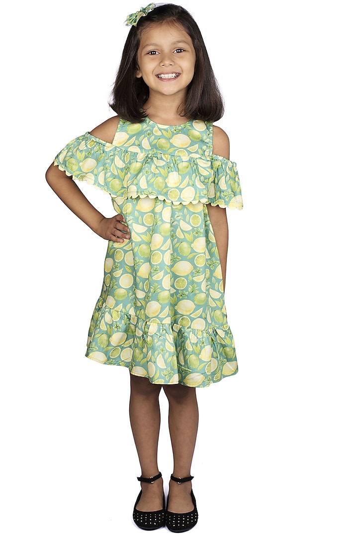 Green Printed Cold Shoulder Dress For Girls by Ribbon Candy