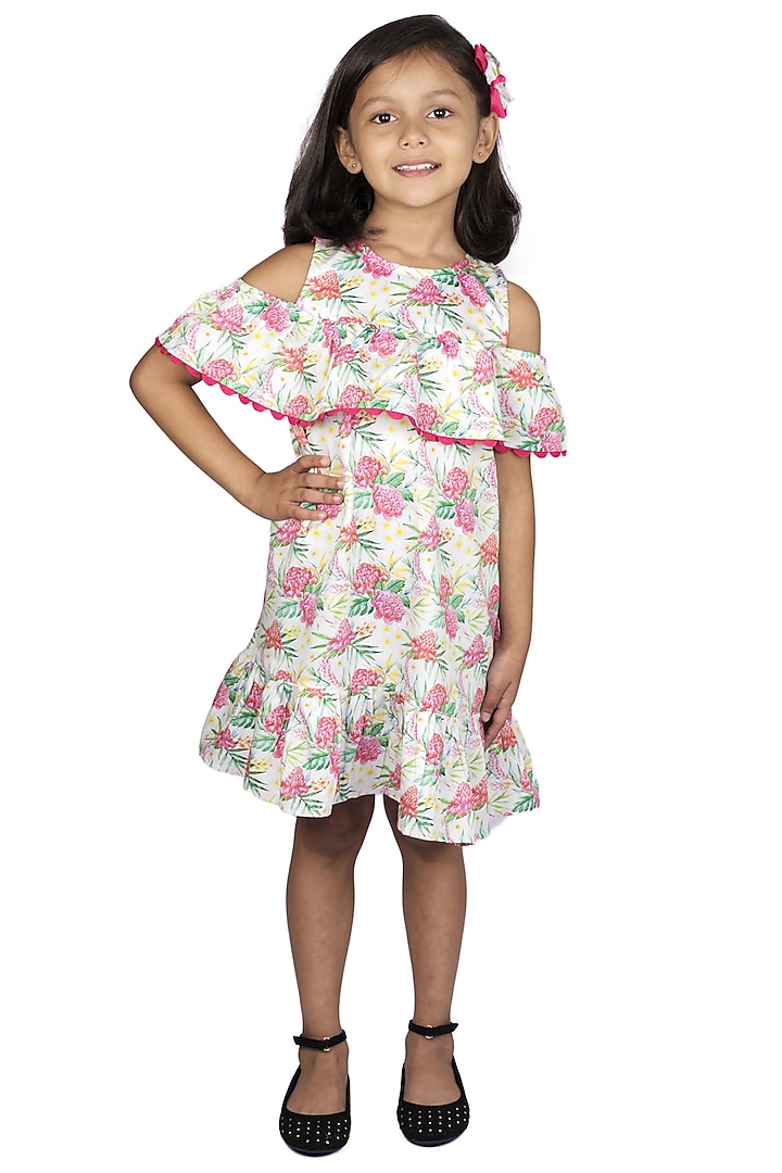 Pink Printed Cold Shoulder Dress For Girls by Ribbon Candy