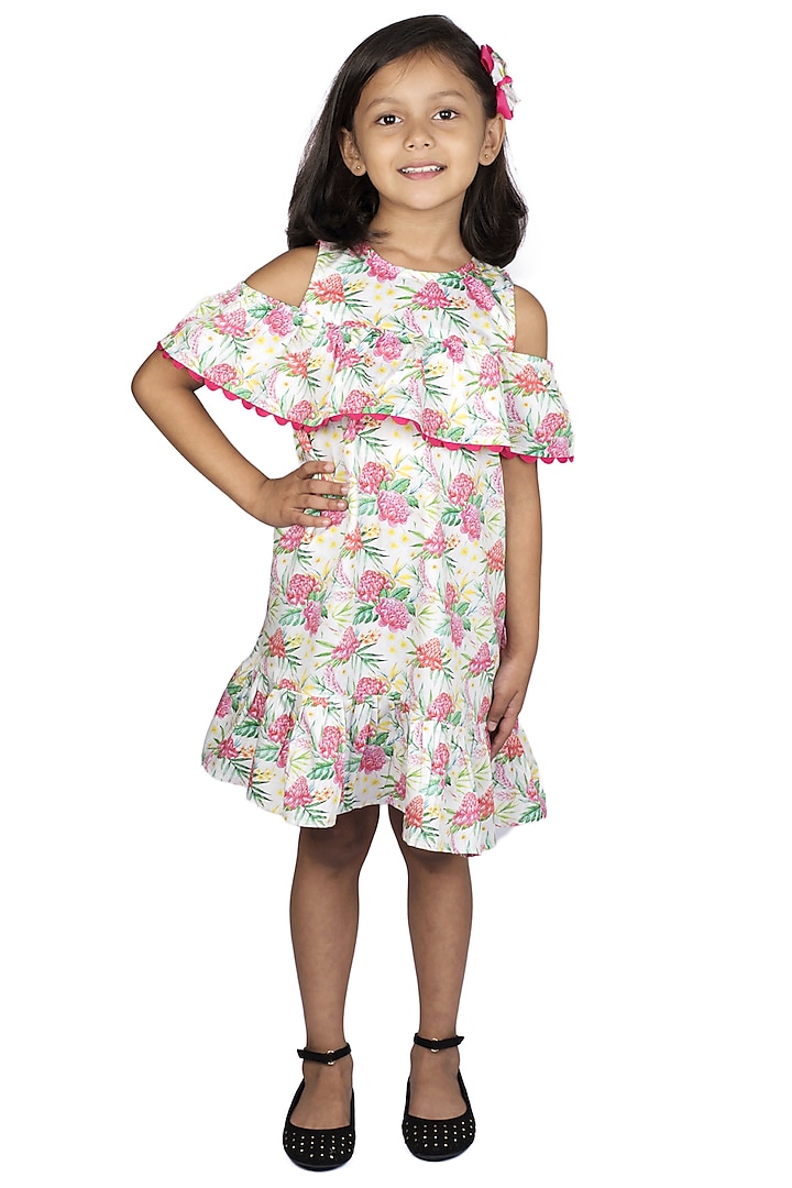 Pink Printed Cold Shoulder Dress For Girls by Ribbon Candy at Pernia's Pop Up Shop