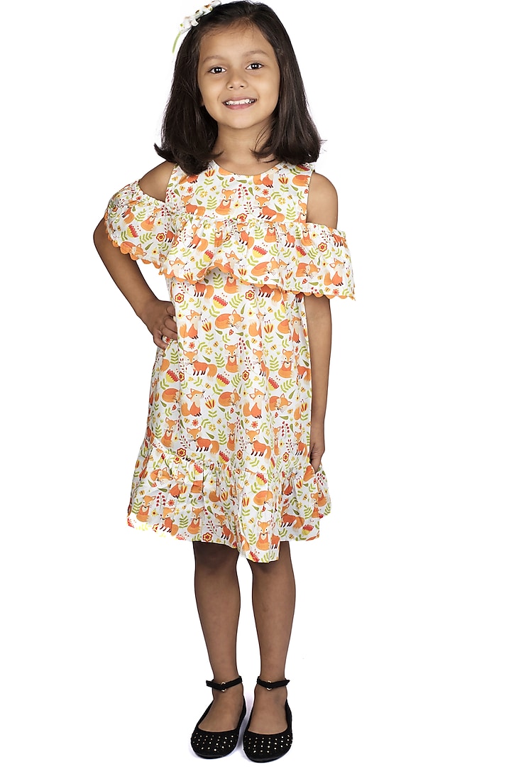 Orange Printed Off Shoulder Dress For Girls by Ribbon Candy at Pernia's Pop Up Shop