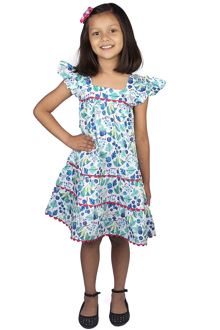 Blue Printed Flared Dress For Girls by Ribbon Candy