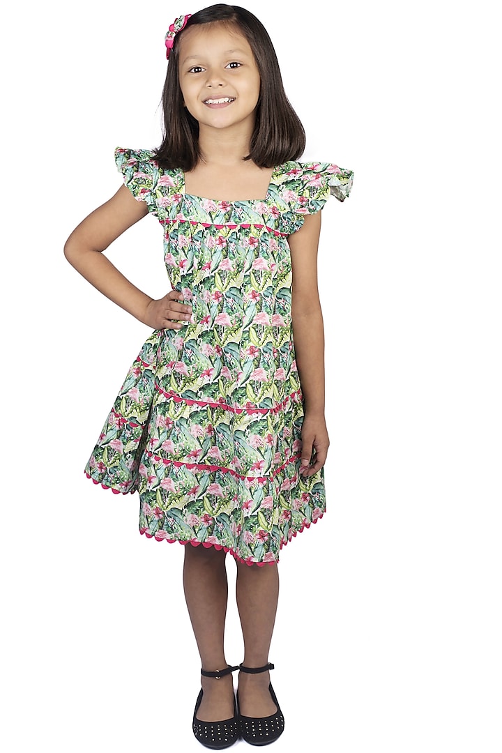 Green Printed Flared Dress For Girls by Ribbon Candy at Pernia's Pop Up Shop