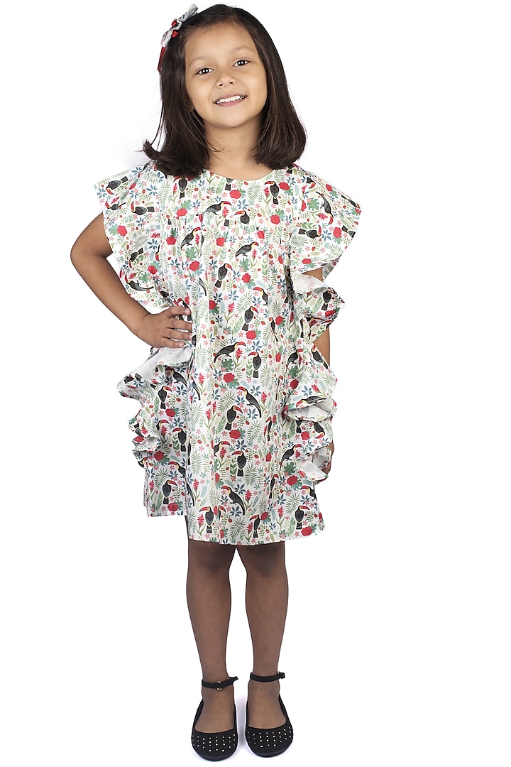 White Printed Flared Dress For Girls by Ribbon Candy