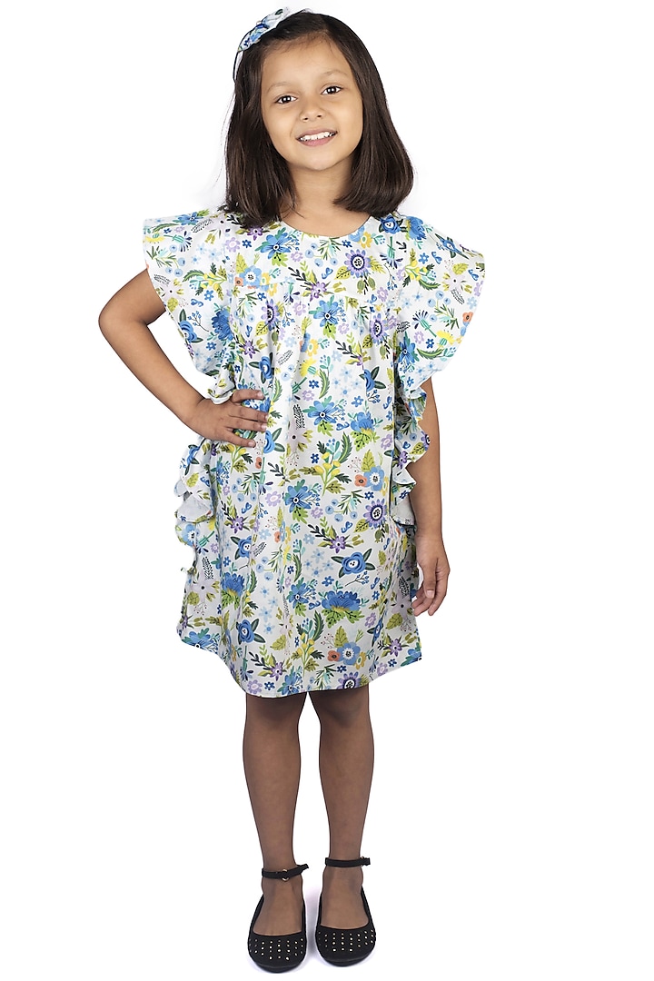 White Printed A-Line Flared Dress For Girls by Ribbon Candy