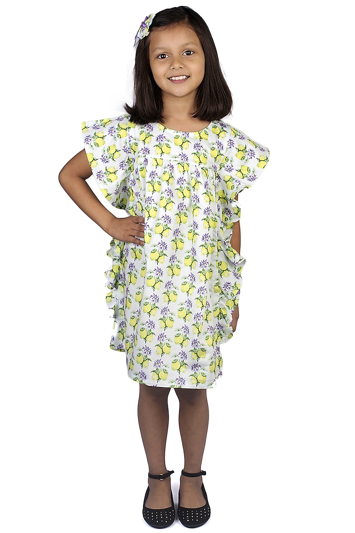 White Printed Flared A-Line Dress For Girls by Ribbon Candy