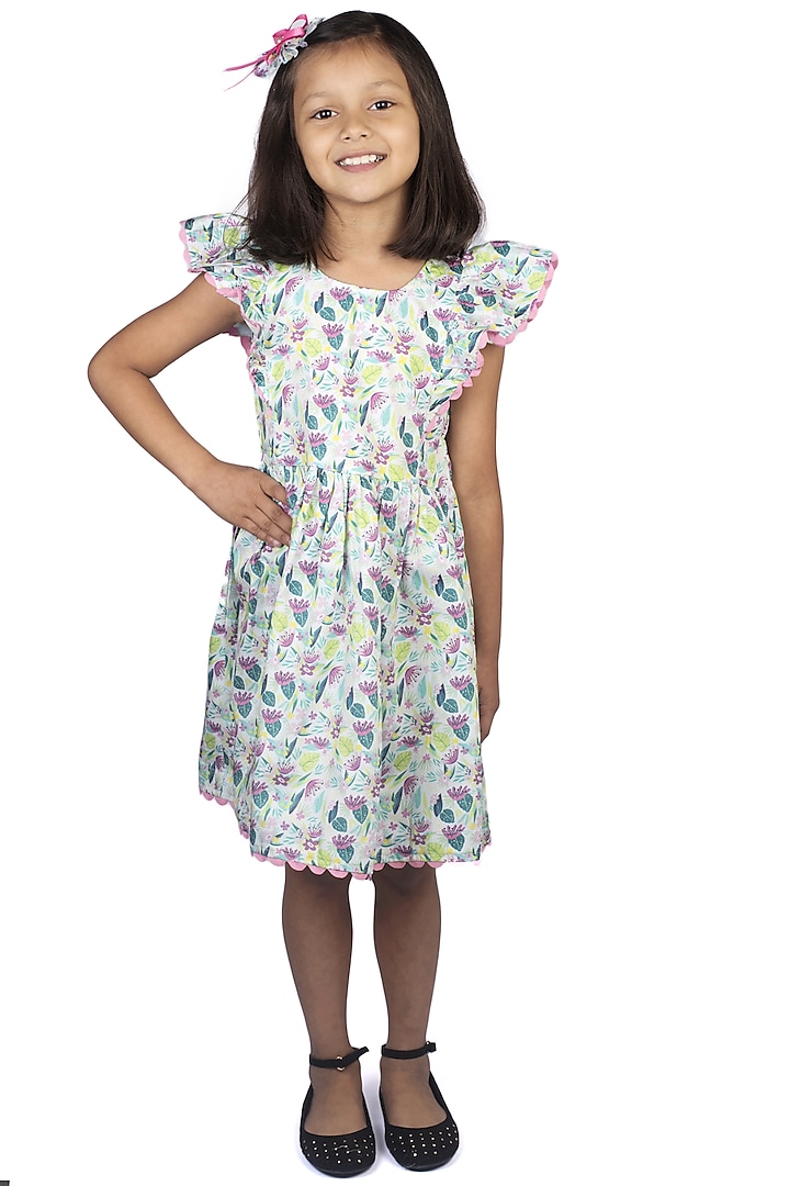 White Printed Cotton Flared Dress For Girls by Ribbon Candy