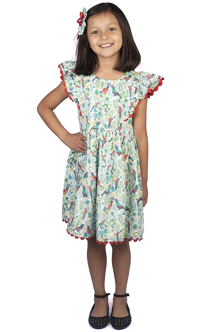 White Cotton Printed Flared Dress For Girls by Ribbon Candy