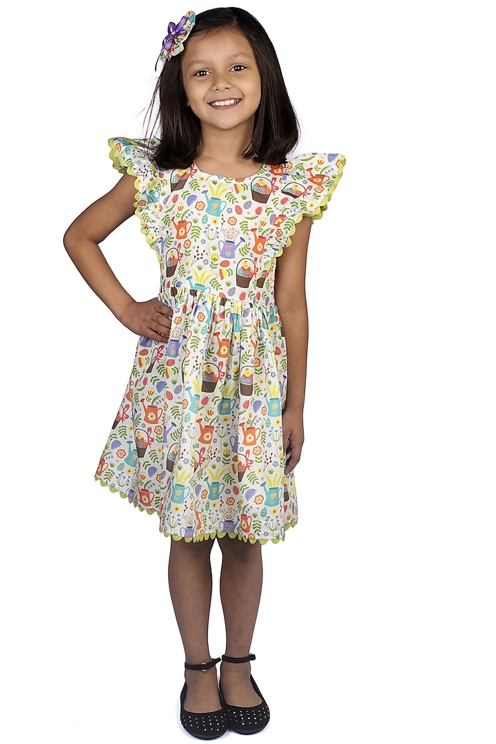 Lime Green Printed Flared Dress For Girls by Ribbon Candy