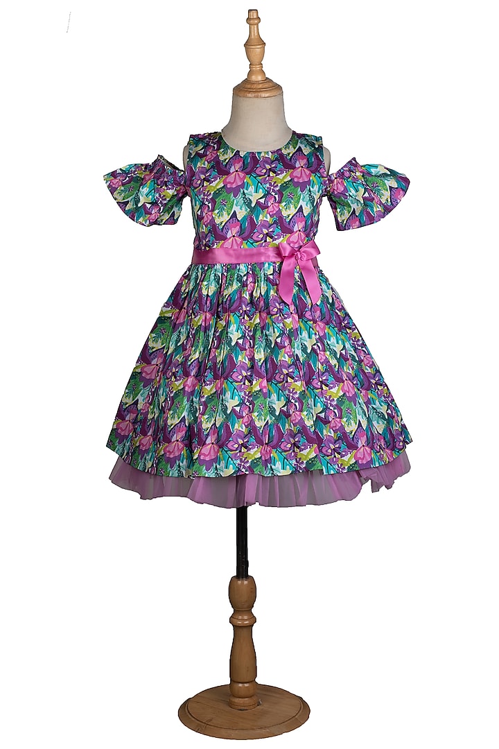 Purple Printed Flared Dress For Girls by Ribbon Candy