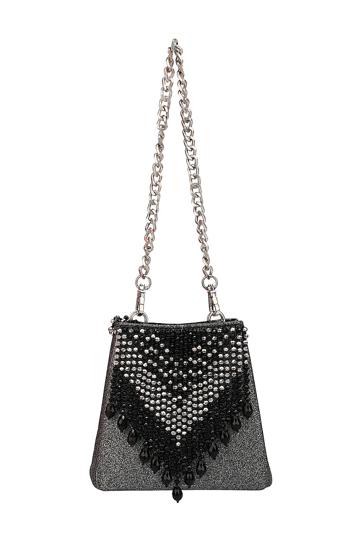 Black Leatherite Embellished Handbag by Ricammo