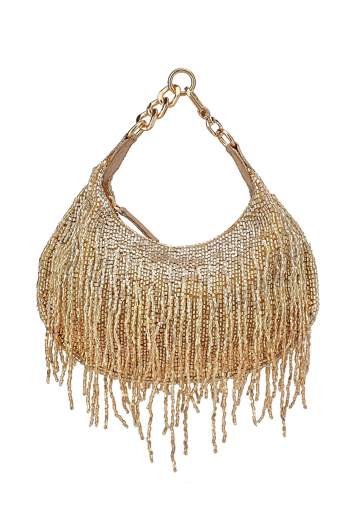Gold Suede Embellished Handbag by Ricammo