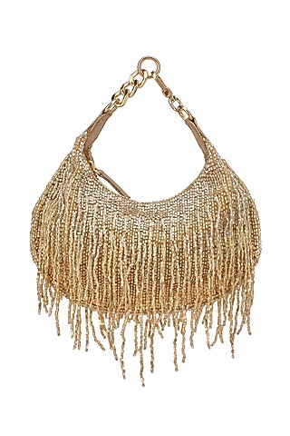 Gold Suede Embellished Handbag by Ricammo