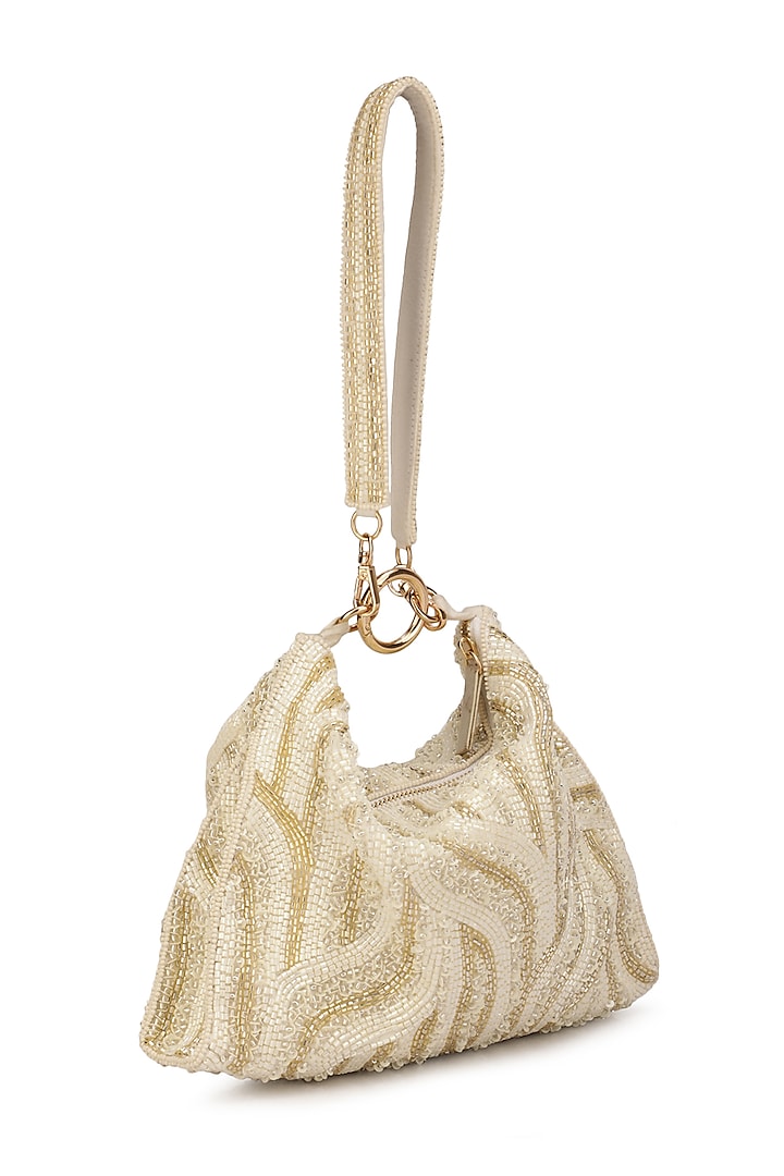 Beige Suede Embroidered Hobo Bag by Ricammo